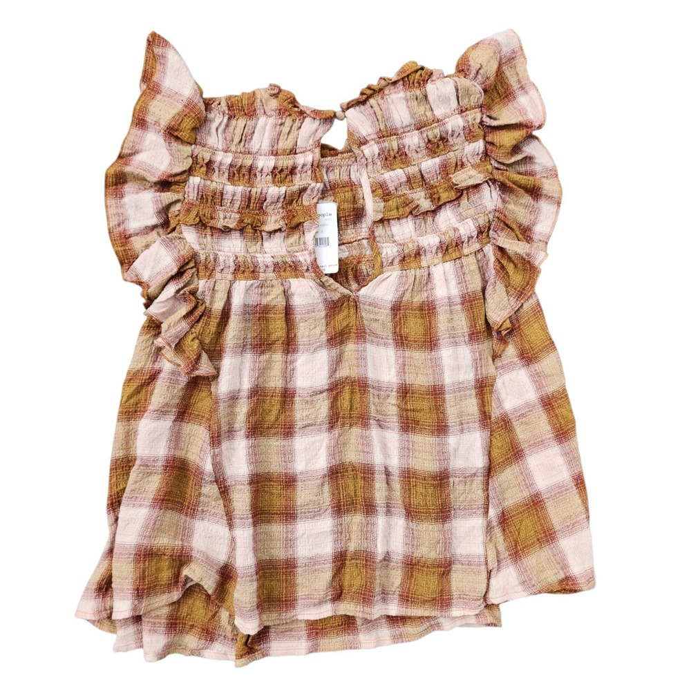 Free People Blush Plaid Smocked Ruffle Top Sz S NWT Boho Cottagecore - Picture 9 of 11